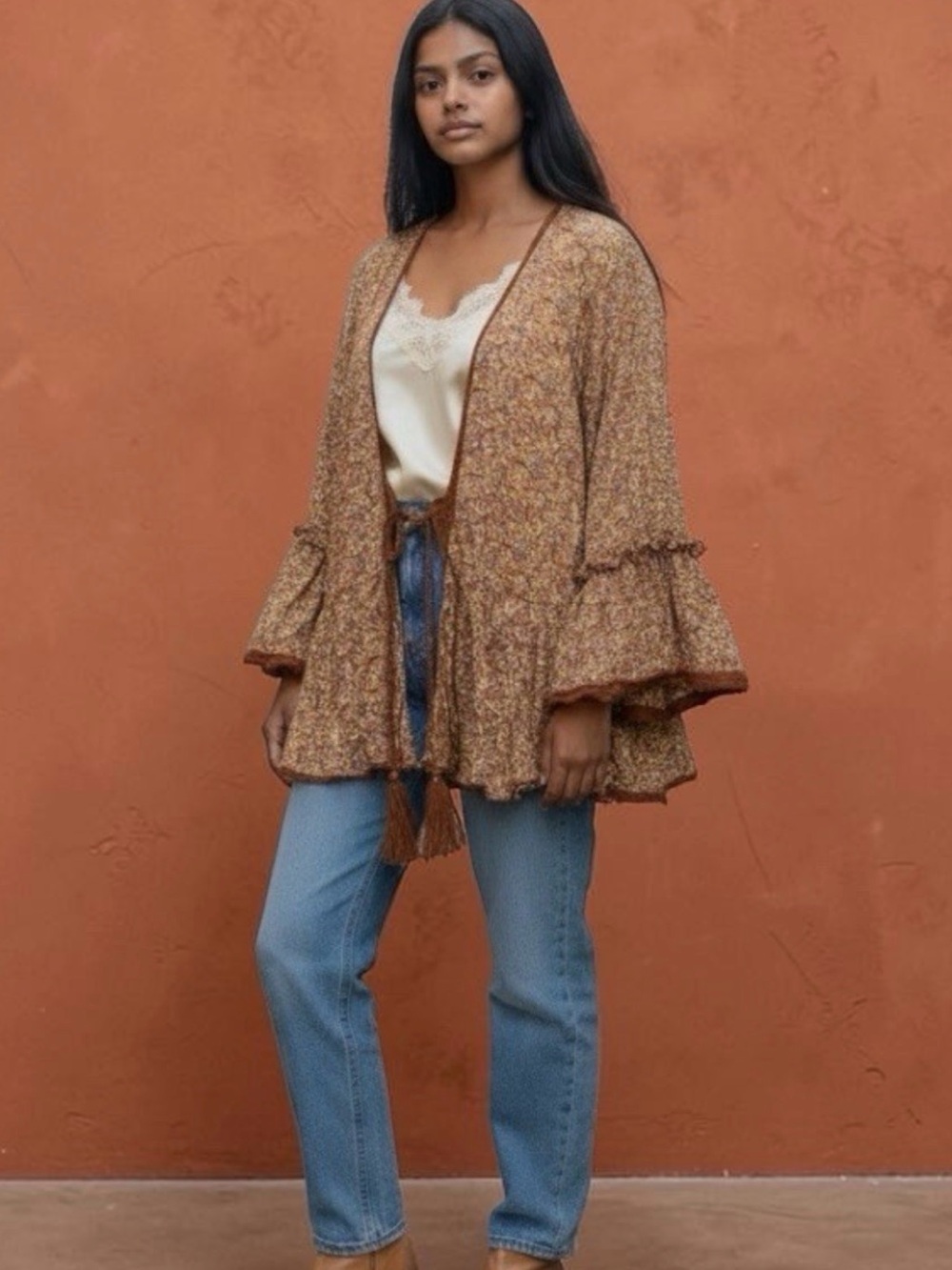 Free People Lola Floral Chiffon Kimono Cardigan Tie Front Lace Trim